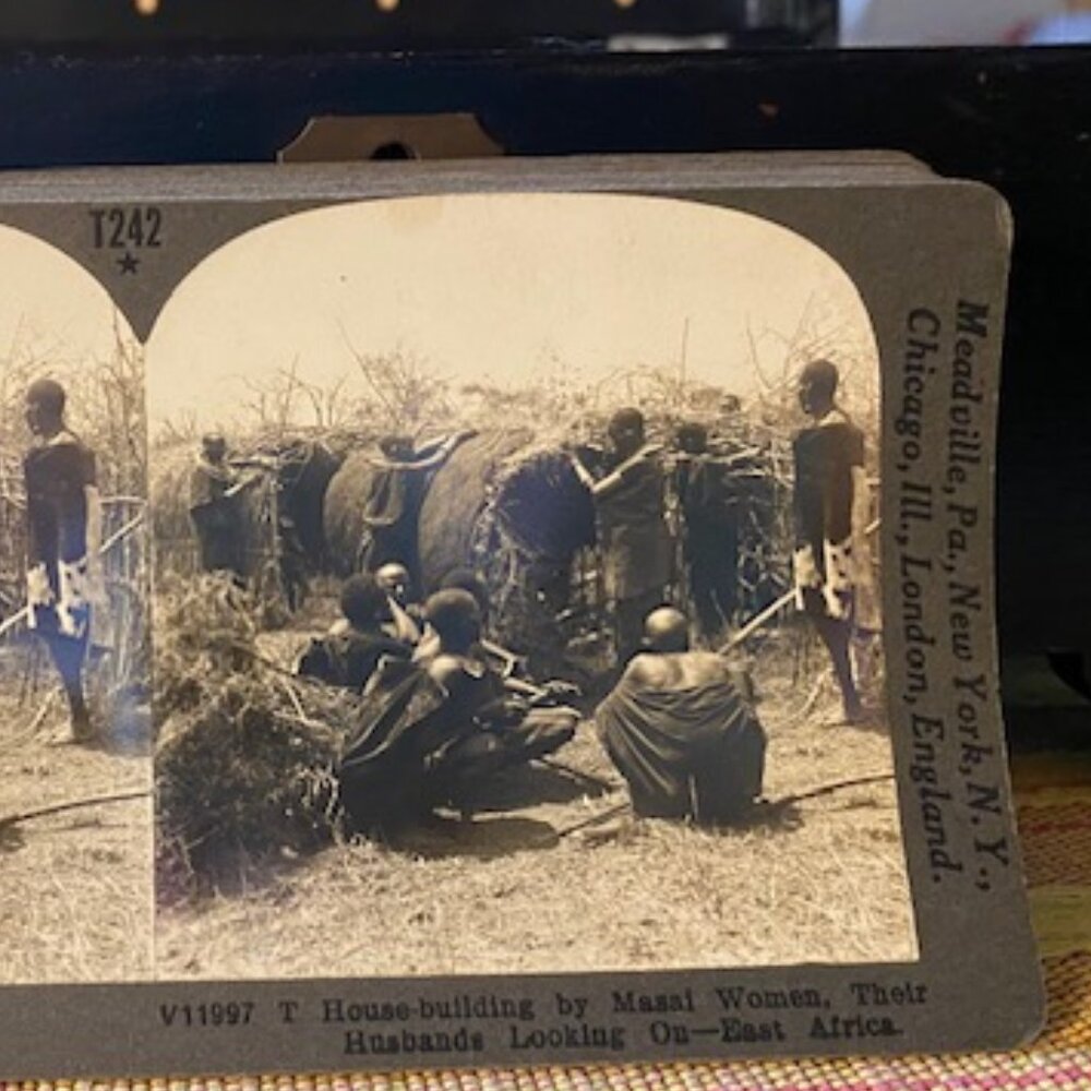 Keystone Stereoview T242 House-Building by Masai Women East Africa 1900s